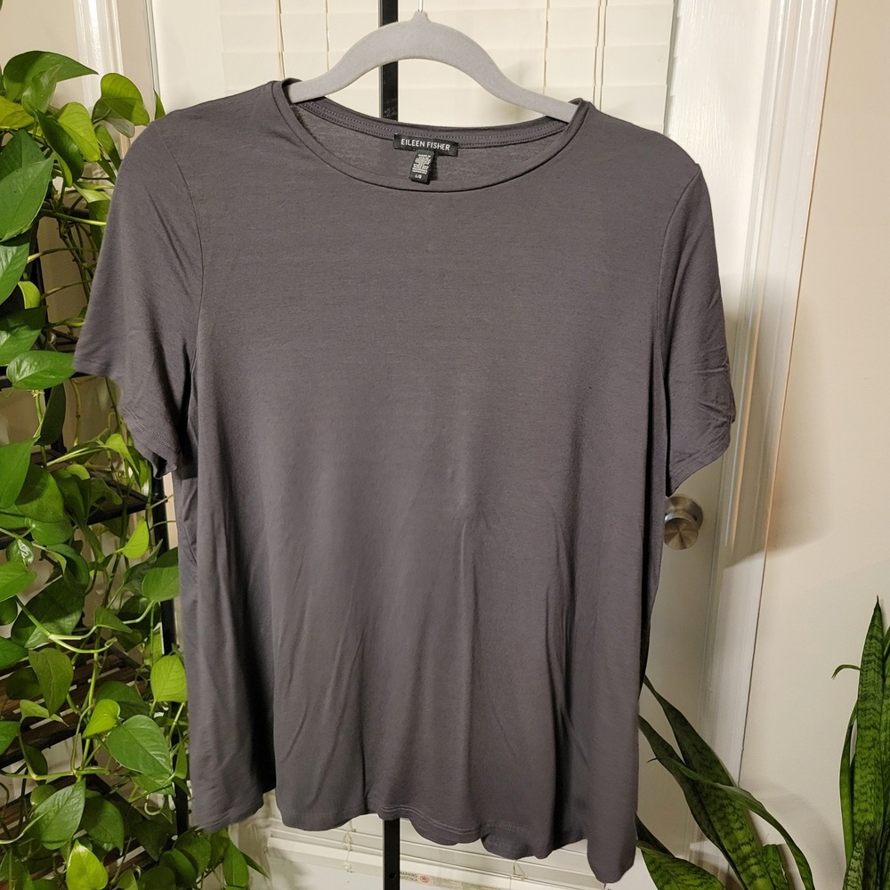 Eileen Fisher Womens Gray Viscose Jersey Short Sleeve Crew Neck Tee Shirt L